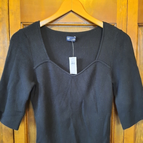 🛍NWT GAP Rib Corset Bodysuit Black ribbed knit elbow length sleeves size large - Picture 4 of 15